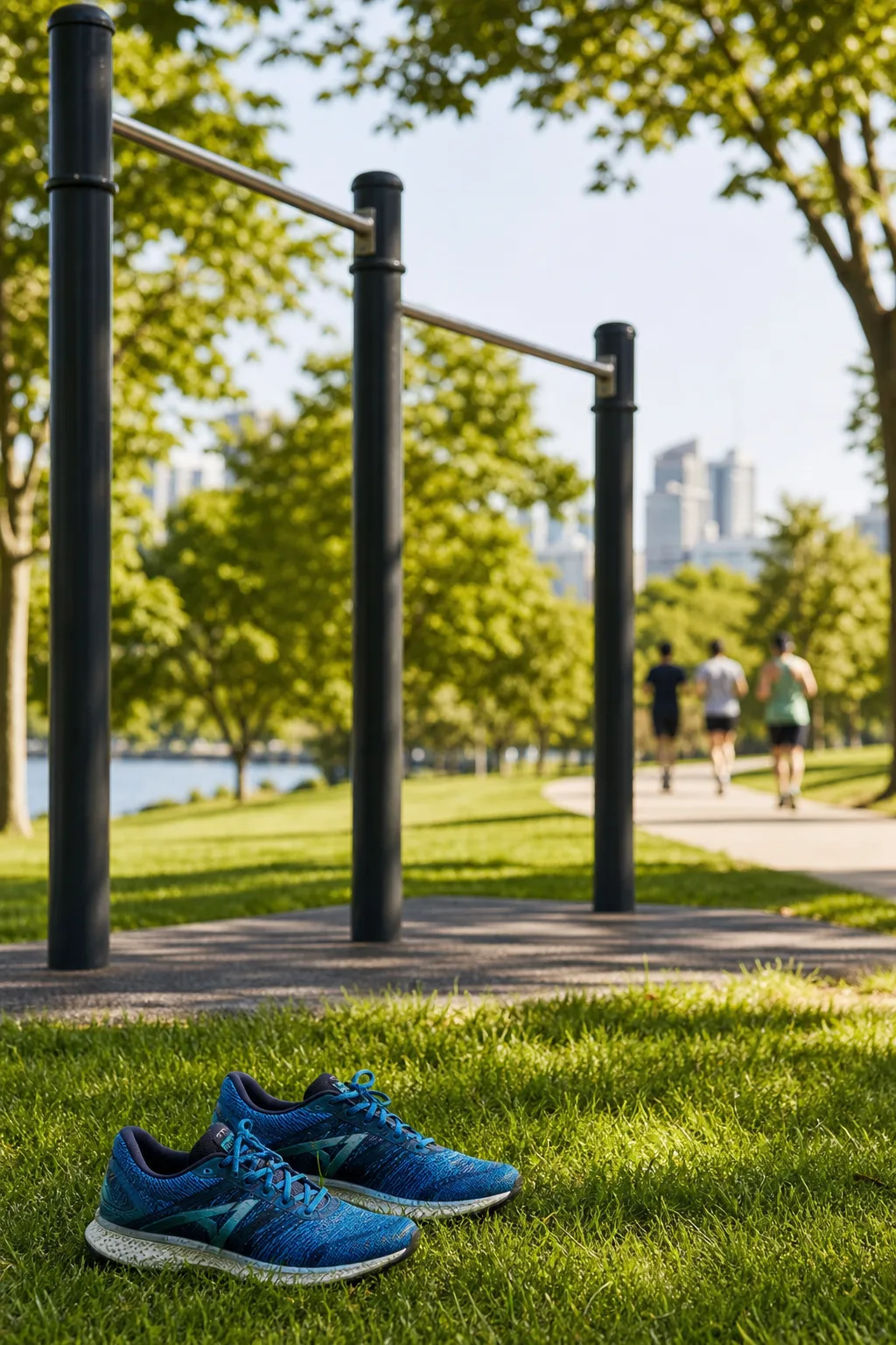 Outdoor fitness bars in a sunny city park with running shoes on the grass