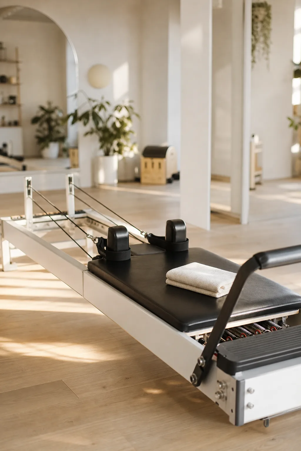 Reformer Pilates machine in a calm sunlit studio