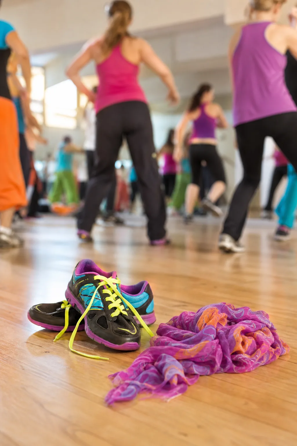 Bright dance fitness class with colorful shoes and a scarf in the foreground