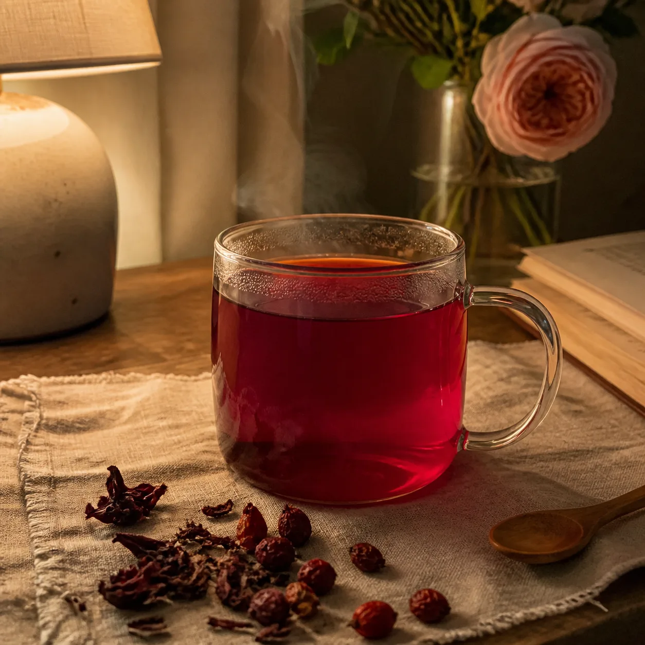 A glass mug of ruby rosehip tea on a warm evening table