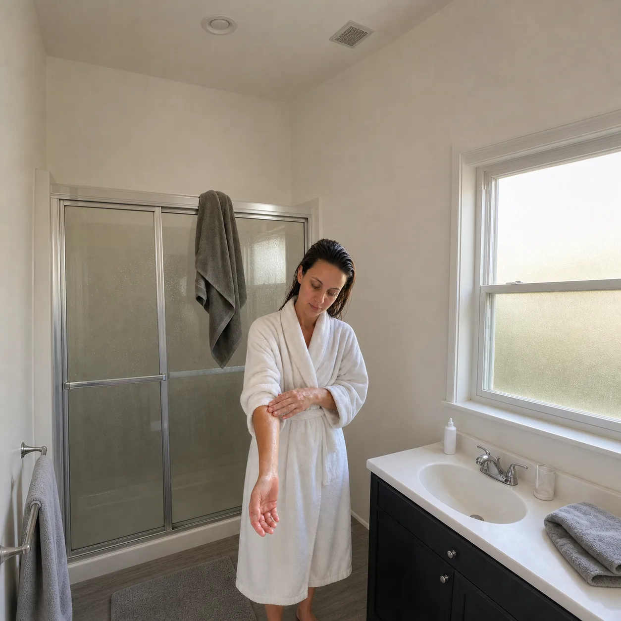 A woman in a bathrobe applies moisturizer to her damp forearm in her home bathroom just after showering