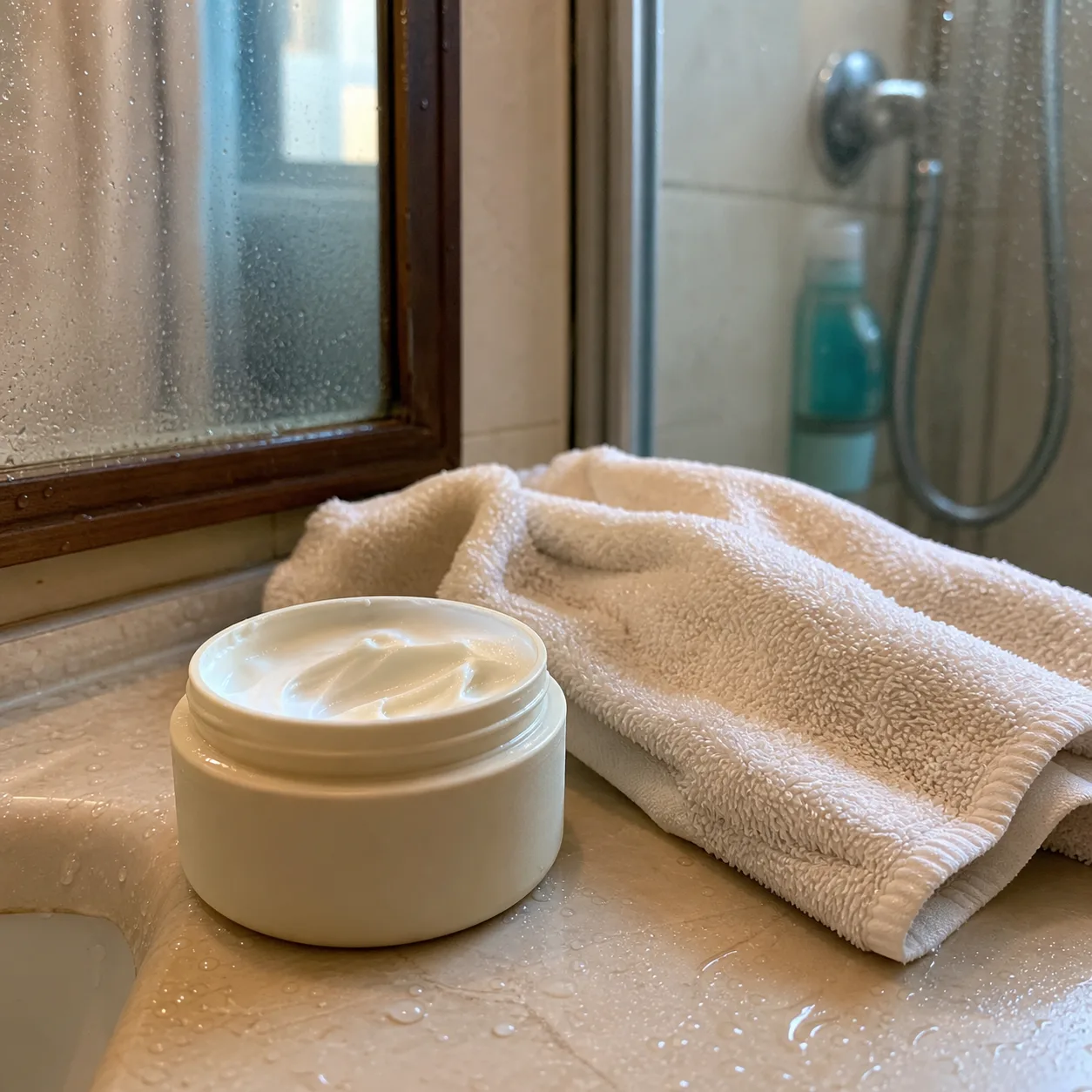 An open unbranded jar of moisturizer beside a damp towel on an everyday bathroom counter