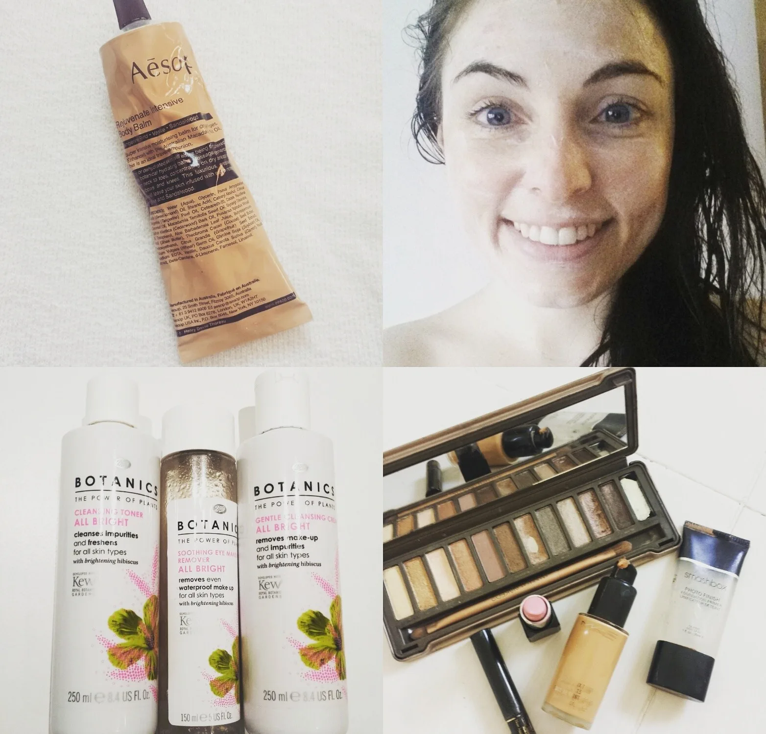 A flat lay of body care, skincare, and makeup products