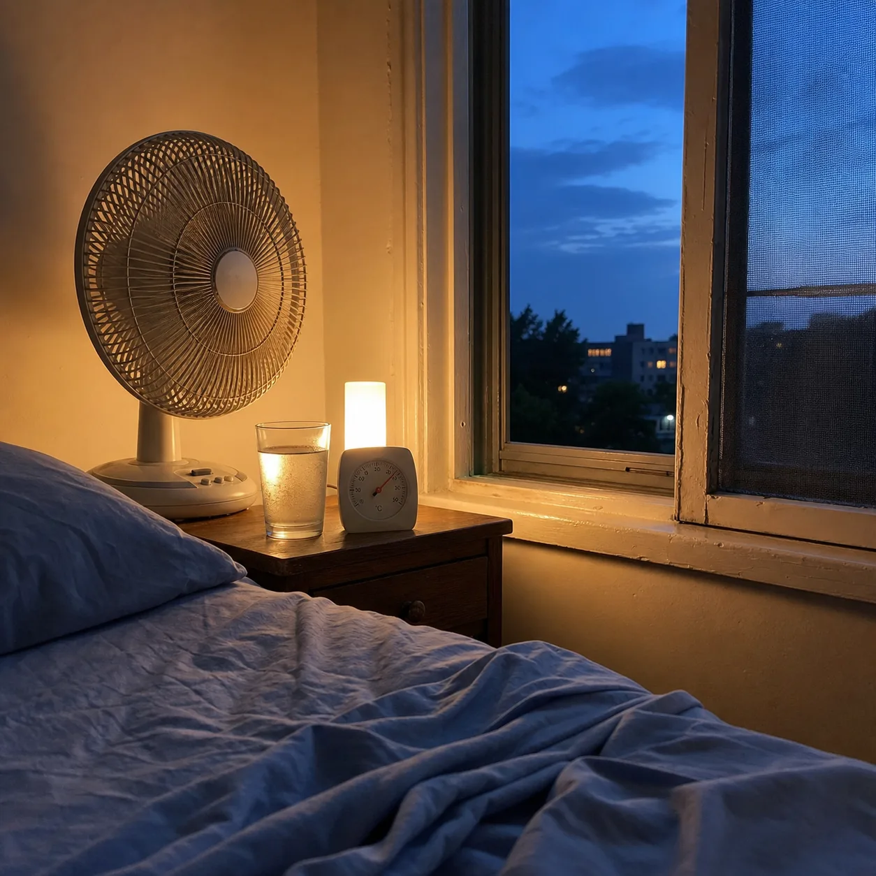 A small fan, glass of water, and analog thermometer beside an open bedroom window after dusk