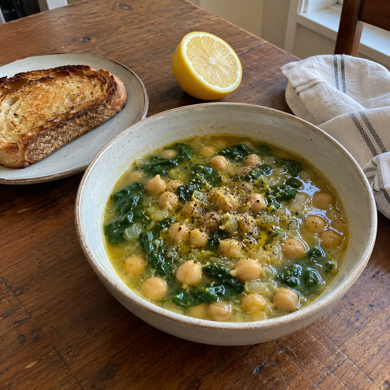 A bowl of chunky chickpea and spinach soup with olive oil and black pepper, beside toast and a cut lemon on a wooden table.