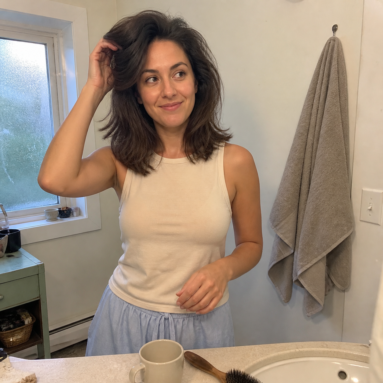 A woman in a lived-in bathroom smiles while lifting the softly voluminous side of her shoulder-length brown hair.