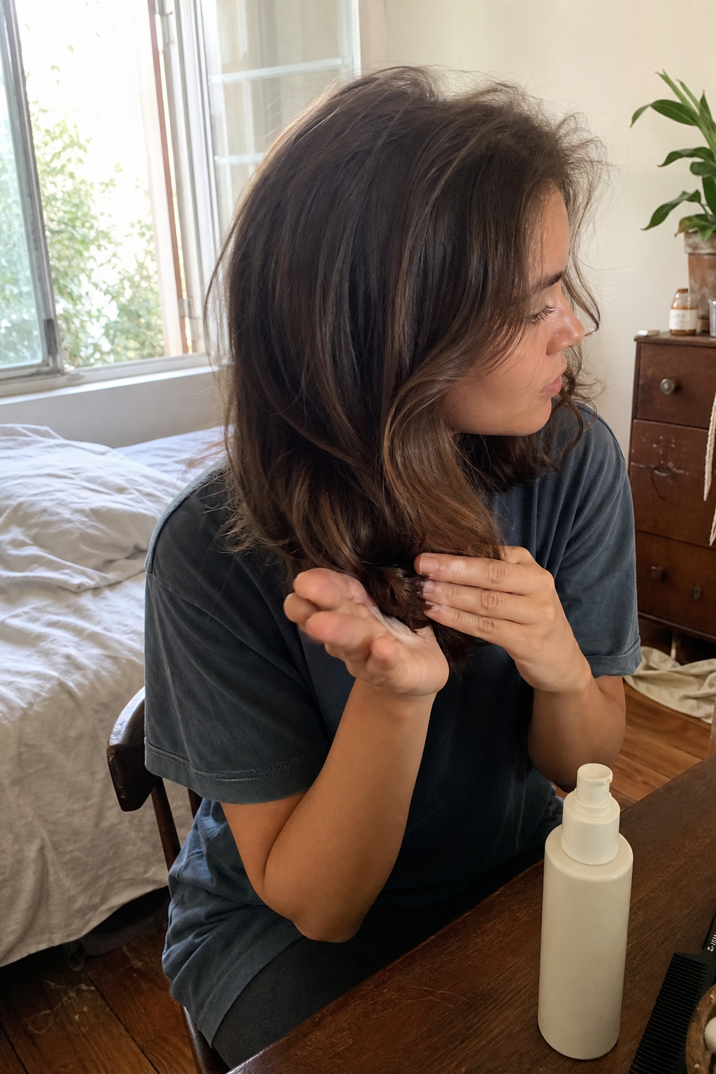 A woman seated at a bedroom vanity smooths a small amount of leave-in cream through the ends of her brown hair.