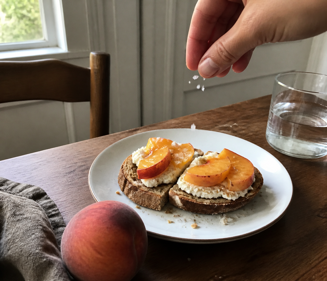 Peach slices and ricotta on toast as a hand sprinkles flaky salt over the plate.