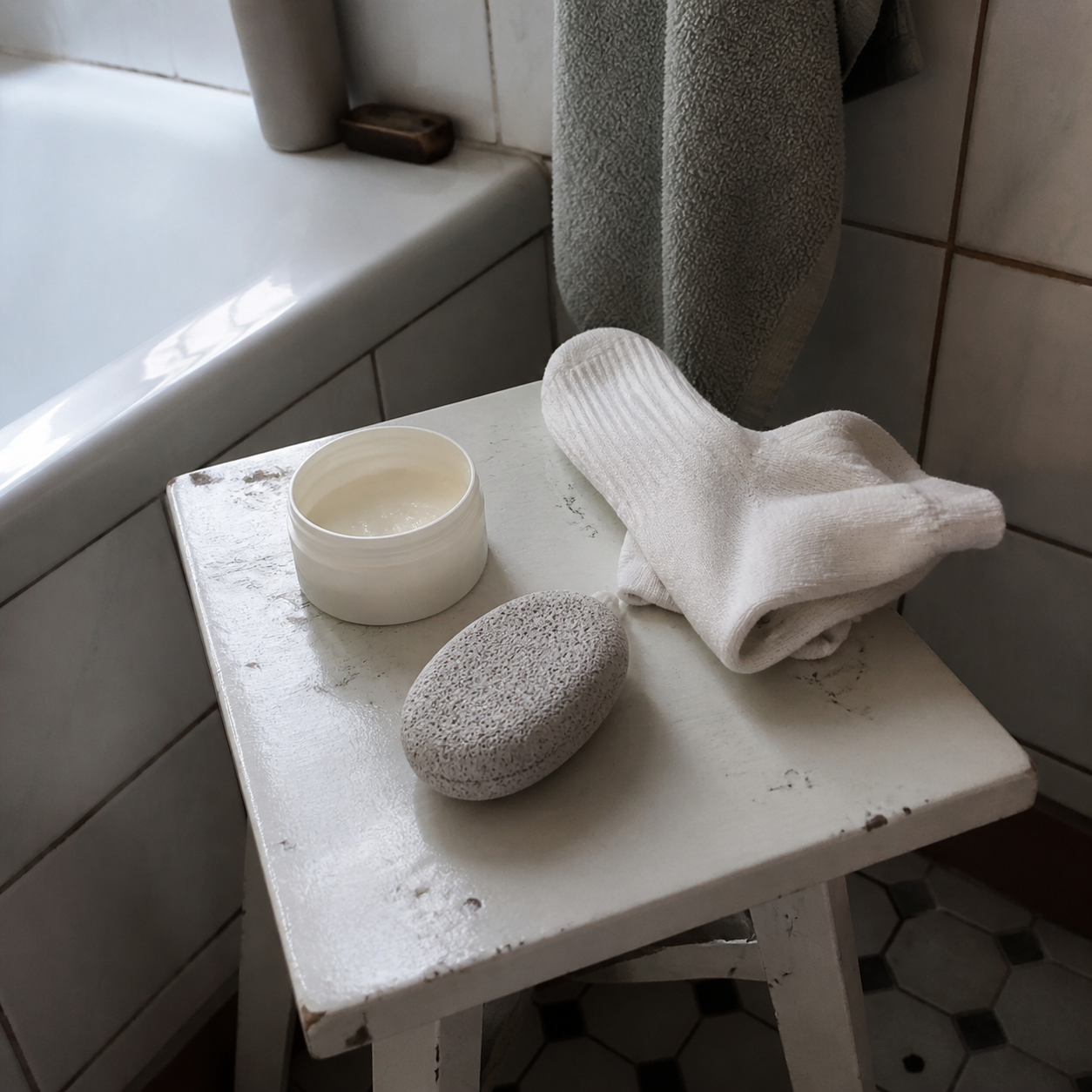 An open jar of plain heel cream, a pumice stone, and white cotton socks rest on a worn stool beside a bathtub.
