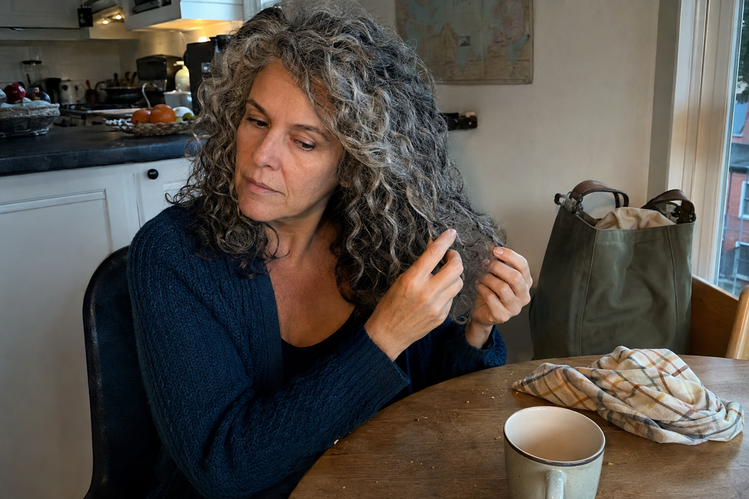 A silver-haired woman sits at her kitchen table and gently checks the dry ends of her curls with both hands.