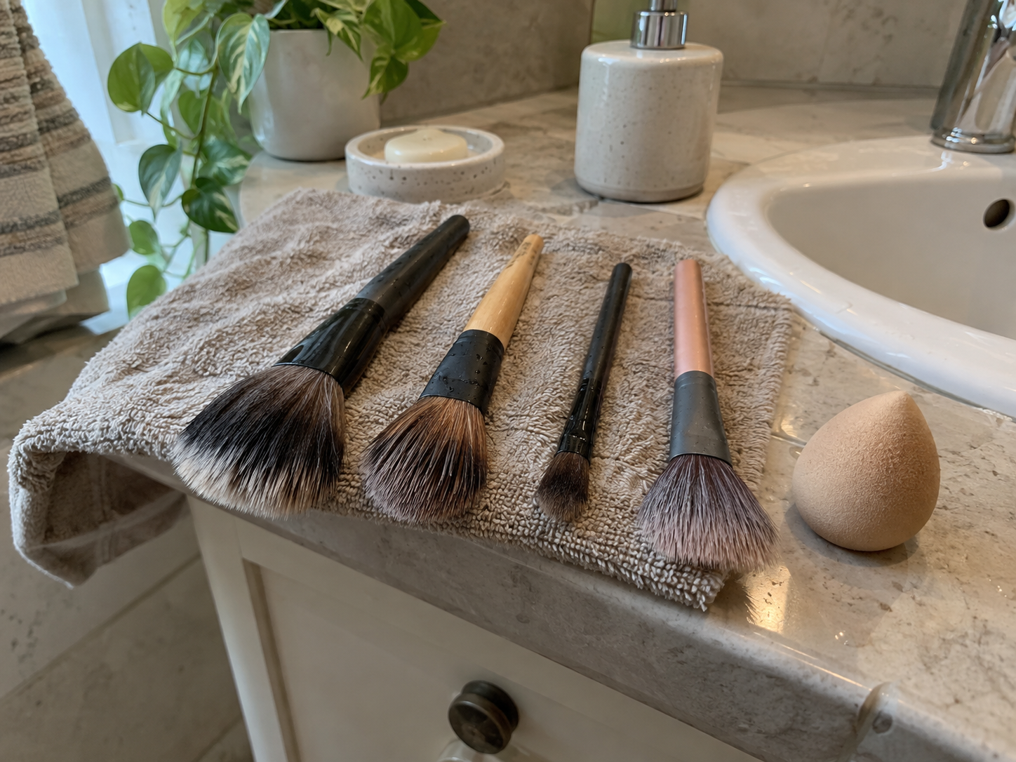 Four freshly washed makeup brushes and a sponge drying flat on a towel beside a bathroom sink.