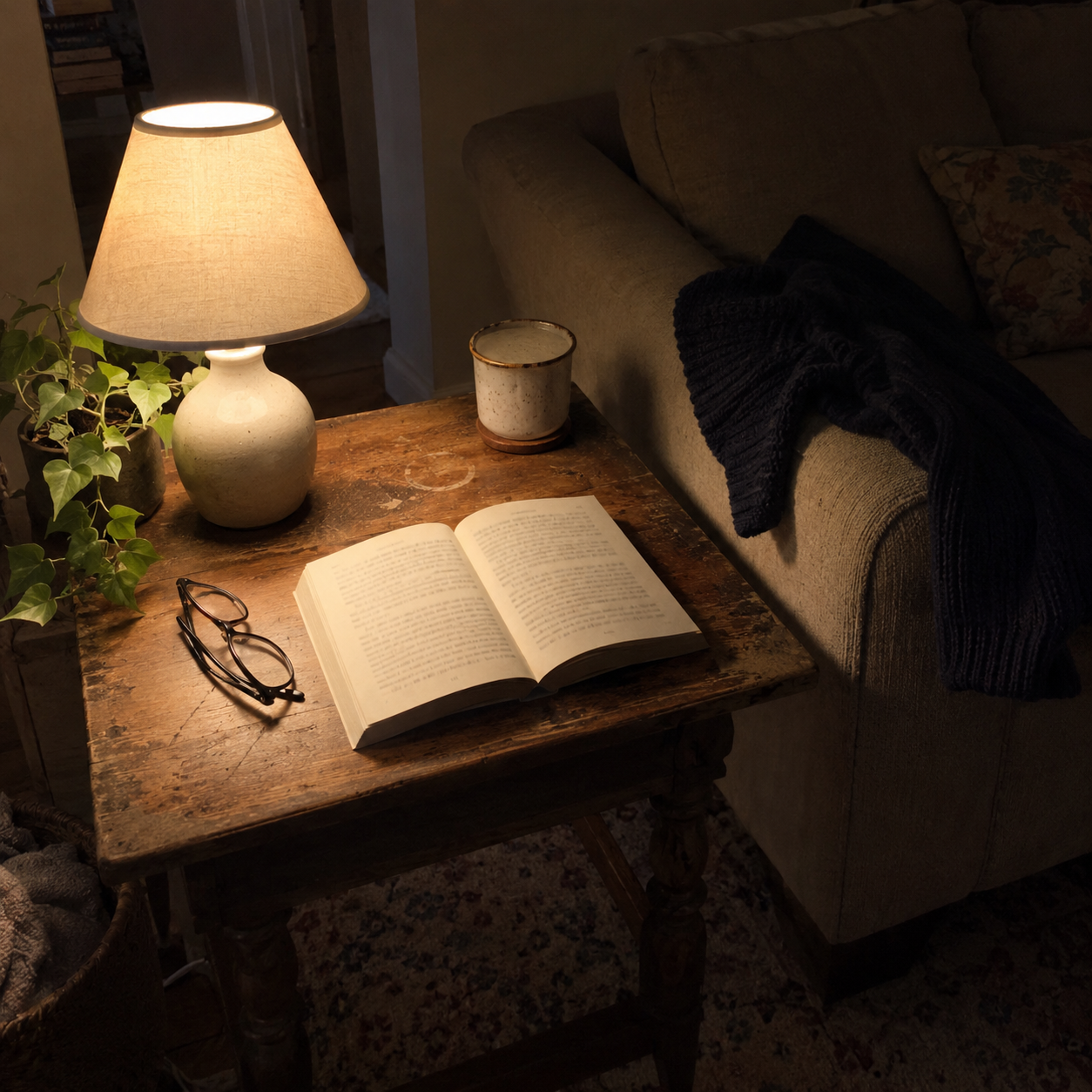A shaded lamp lights an open paperback and reading glasses on a worn wooden side table beside a sofa.