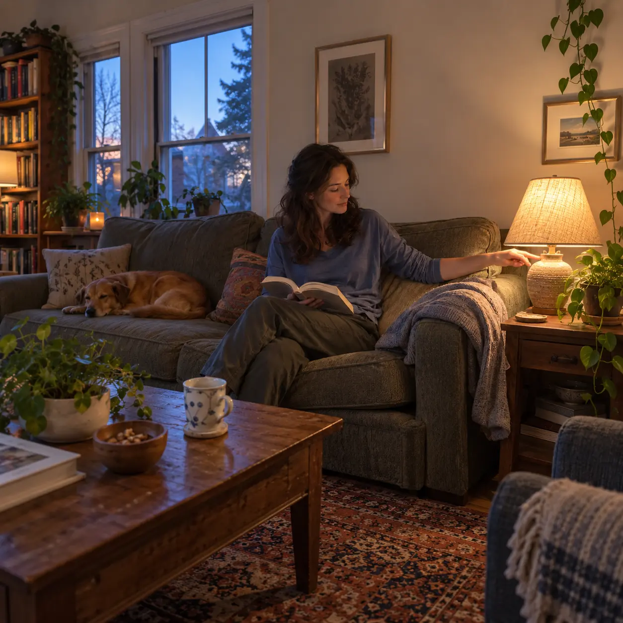 A dark-haired woman sits on a sofa with a paperback in her lap and reaches toward a shaded table lamp in the evening.