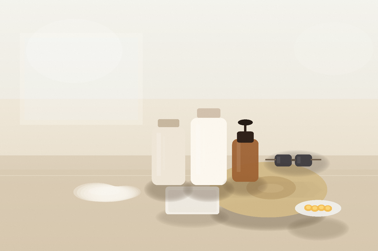 Sunlit still life of unlabeled sunscreen bottles, an amber dropper bottle, sunglasses, a straw hat, citrus slices, and a pale lotion smear on a warm stone counter.