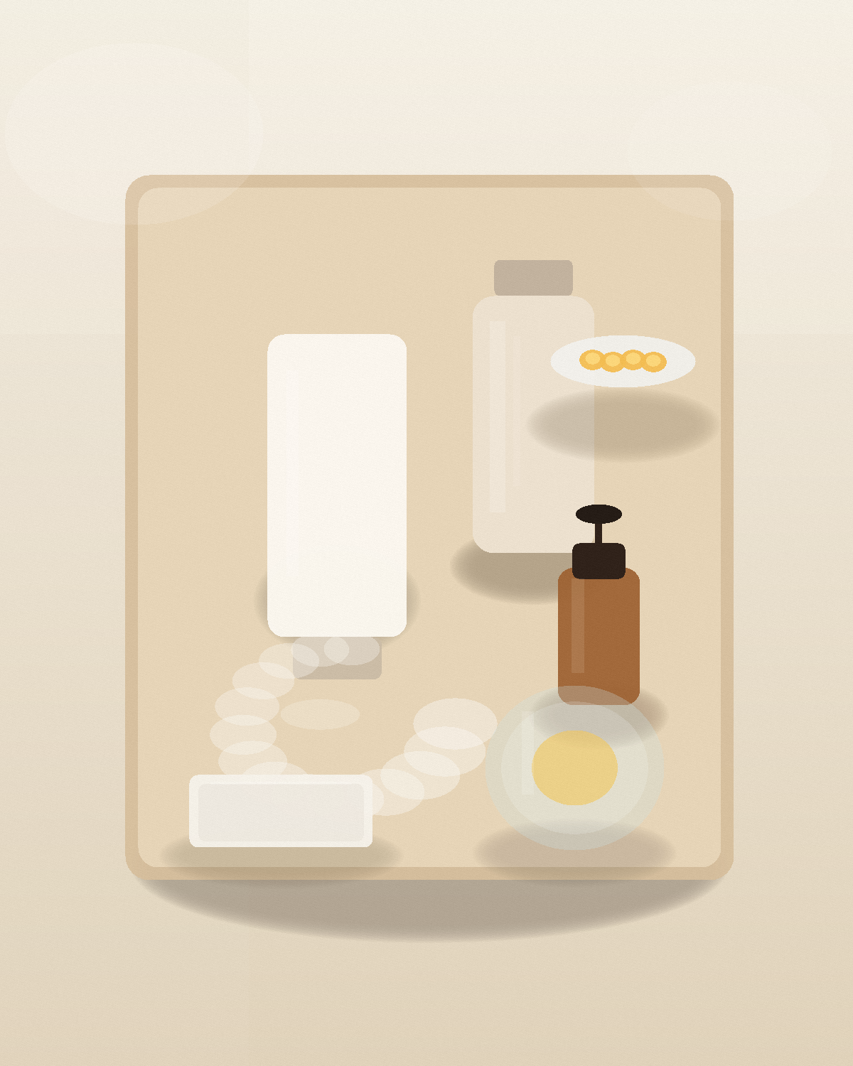Top-down still life of sunscreen bottles, an amber pump bottle, a cream swirl, citrus slices, folded linen, and a glass on a pale tray.