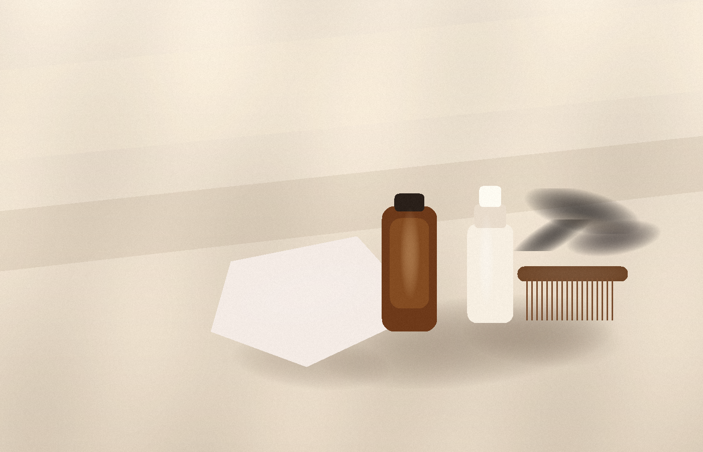 A sunlit editorial still life with an unbranded sunscreen stick, amber hair serum, tortoiseshell comb, silk scarf, and glossy dark hair ribbon on pale stone.