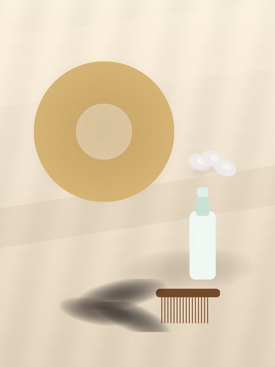 A beachy vanity still life with a straw hat, unbranded SPF mist, pearl hair clips, a wide-tooth comb, and a soft section of wavy hair catching afternoon light.