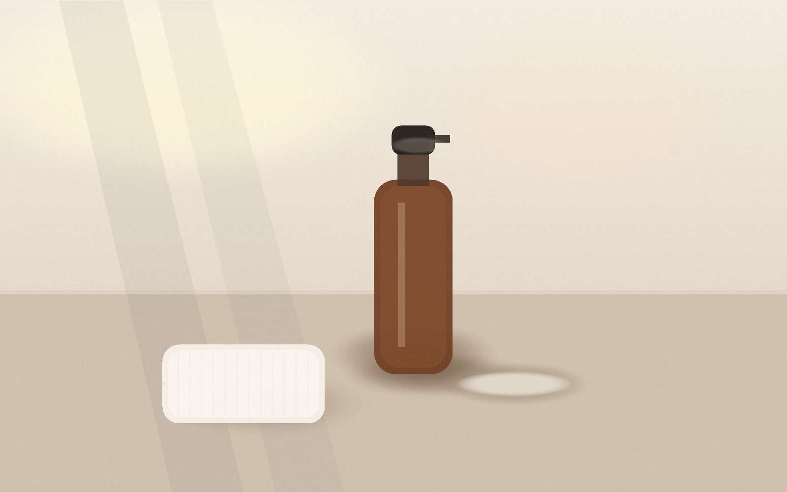 Sunlit still life of an unlabeled amber spray bottle beside a folded white towel and a shallow bowl on a stone counter.