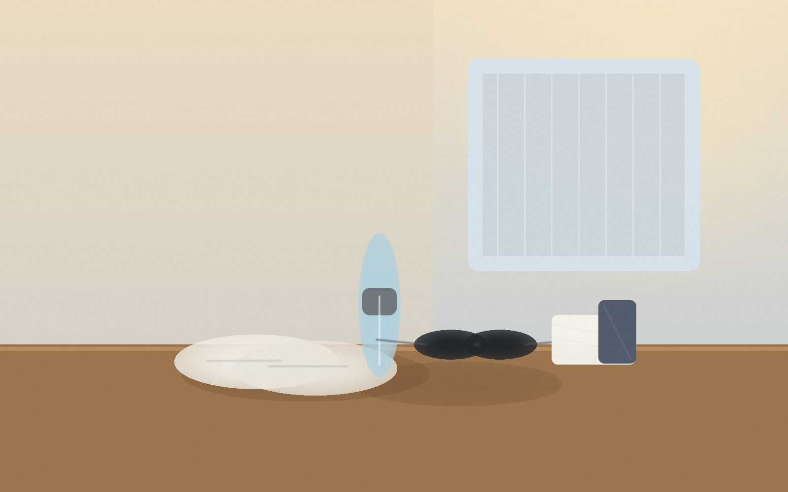 Illustrated still life of walking shoes, a water bottle, sunglasses, a folded towel, and a phone on a bench near an open window in hazy late-day light.