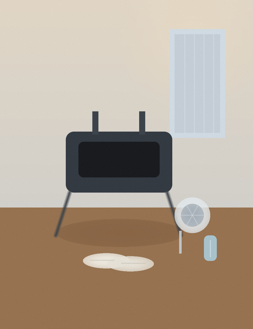 Illustrated indoor workout corner with a treadmill, a floor fan, a blue water bottle, and pale sneakers near a softly lit window.