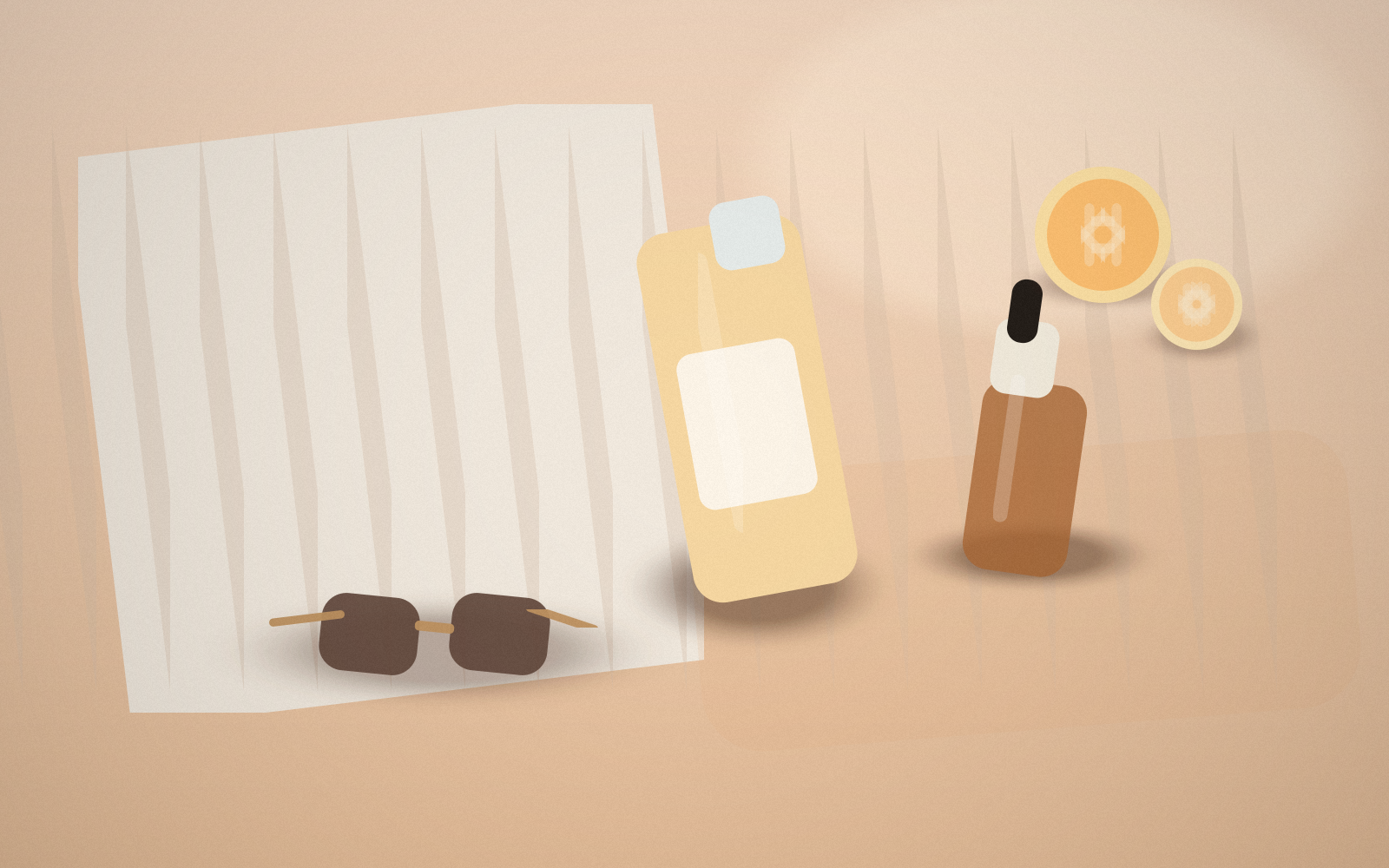 A sunlit still life with a pale sunscreen bottle, an amber dropper bottle, sunglasses, and citrus slices on a striped towel in warm peach tones.
