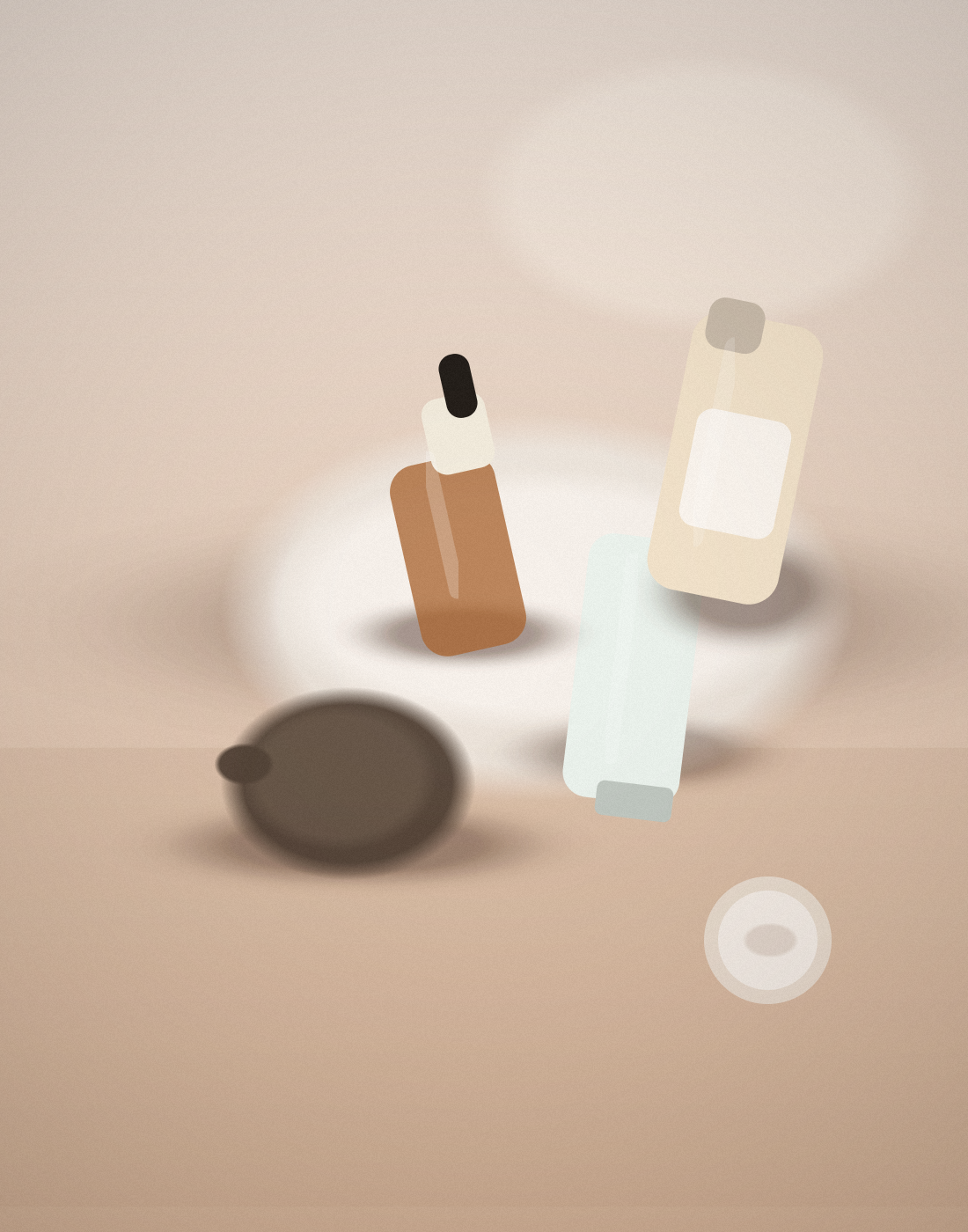 A vanity-style still life with a tanning mitt, a sunscreen tube, two skincare bottles, and a shallow tray on a warm beige surface.