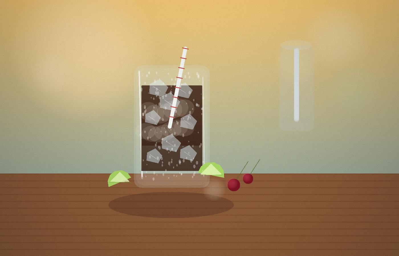 A chilled cherry-lime dirty soda in a clear glass packed with ice on a sunlit patio table, with cream swirling through the cola beside lime wedges and cherries.