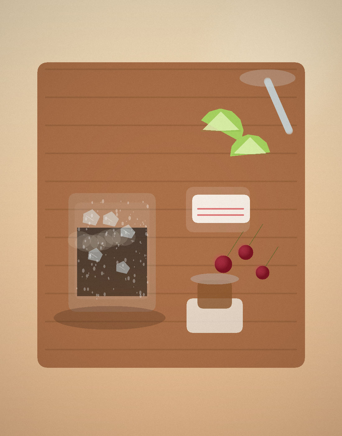 A close still life of a dirty soda on a wood table with cut limes, cherries, a striped napkin, and a small bottle of syrup nearby.