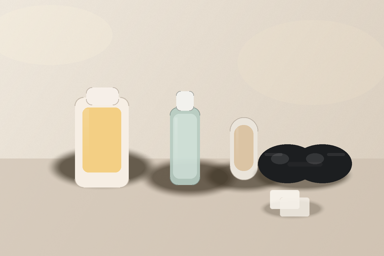 A sunscreen tube, clear SPF setting mist, powder sunscreen brush, sunglasses, and blotting papers arranged on a pale stone surface in bright summer light.