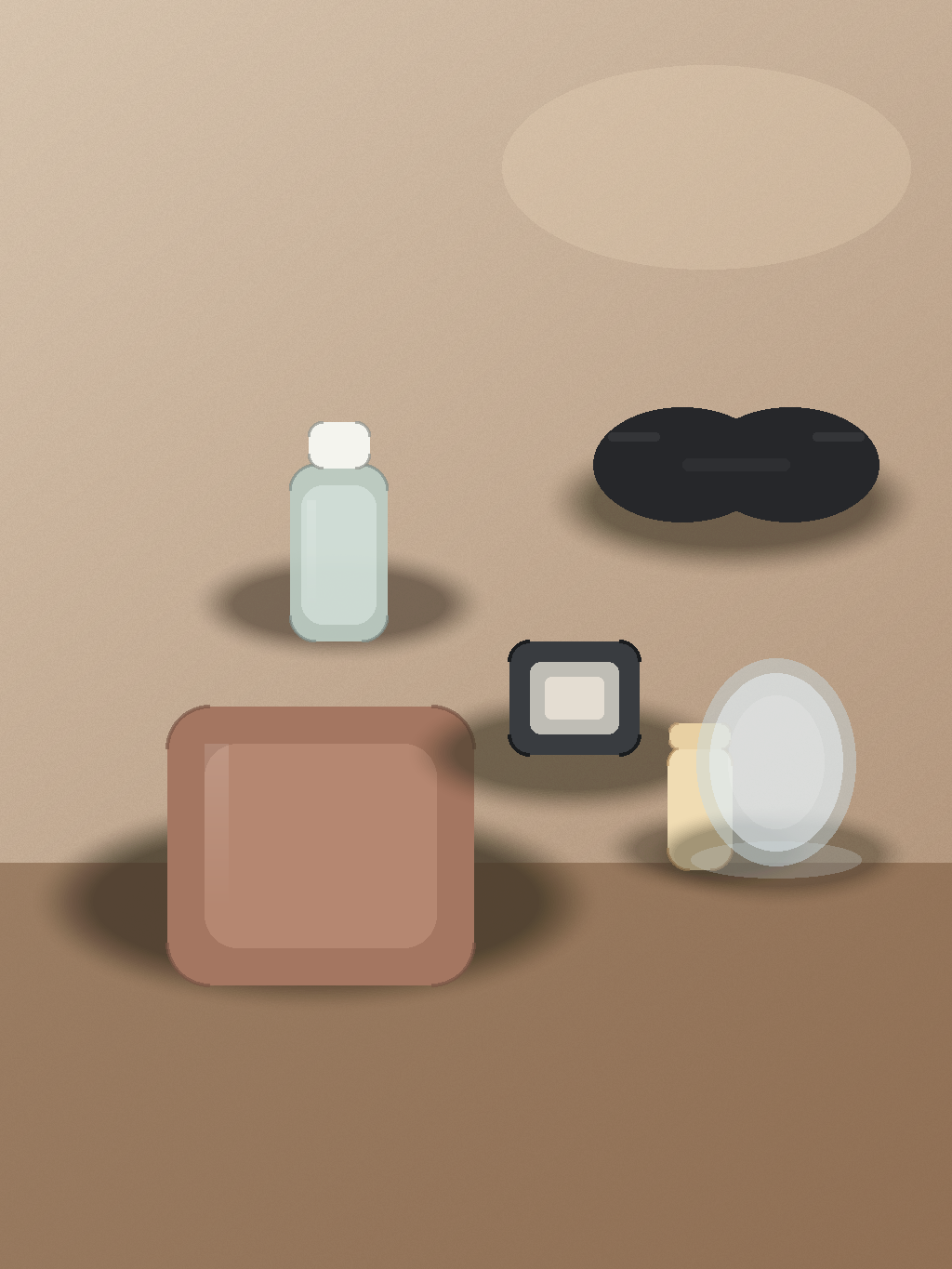 An open makeup bag with a sun mist, compact powder, lip balm, and sunglasses beside a cold glass of water on a cafe table.