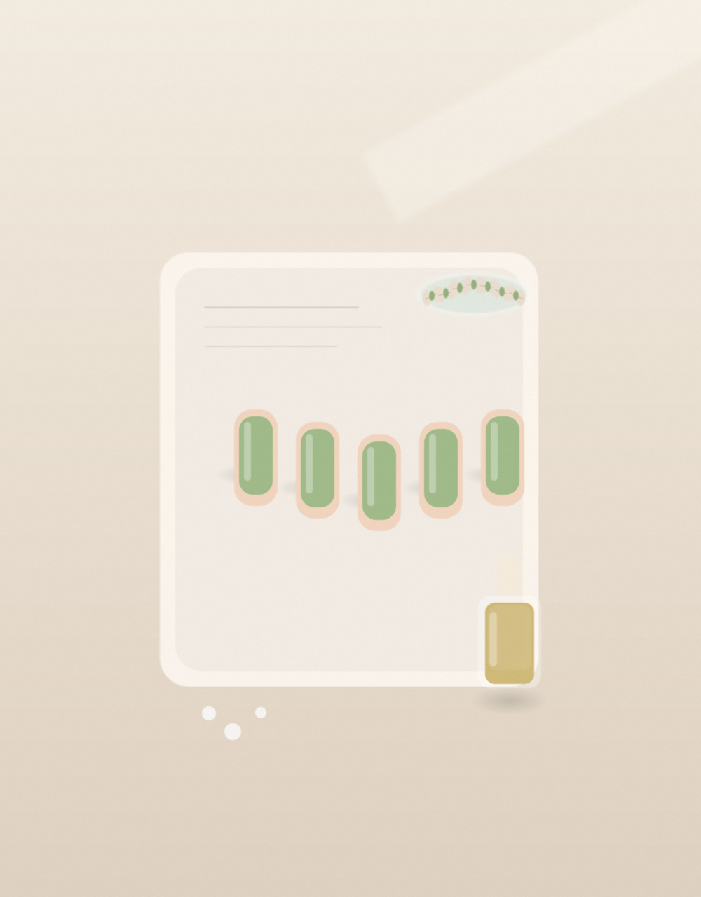 A pale tray holding five short pistachio-green nail swatches beside a small cuticle oil bottle, a few pearls, and a dish of pistachios.