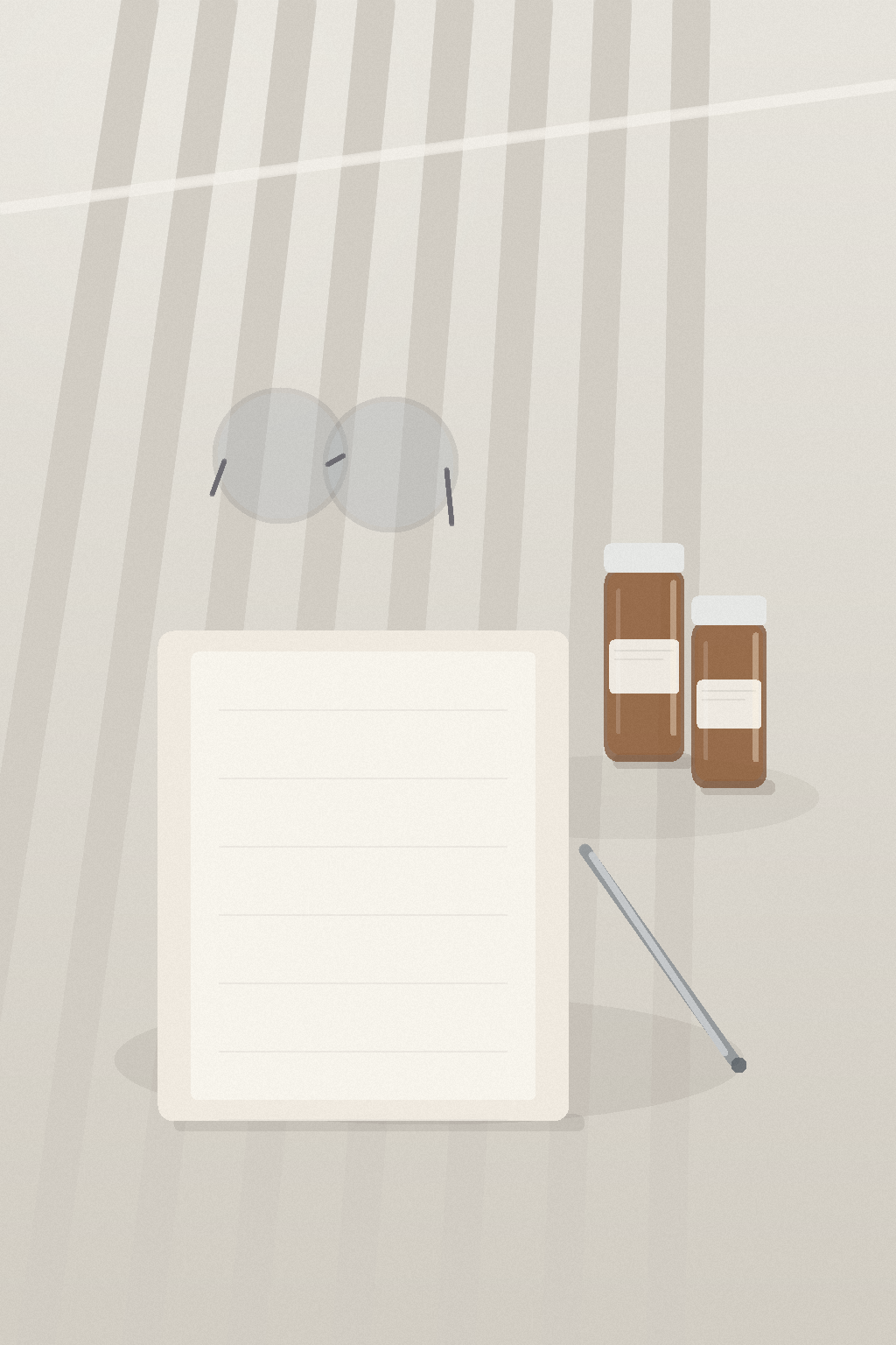 Minimal desk scene with sealed unlabeled vials, a notebook, and reading glasses beside a bright window.