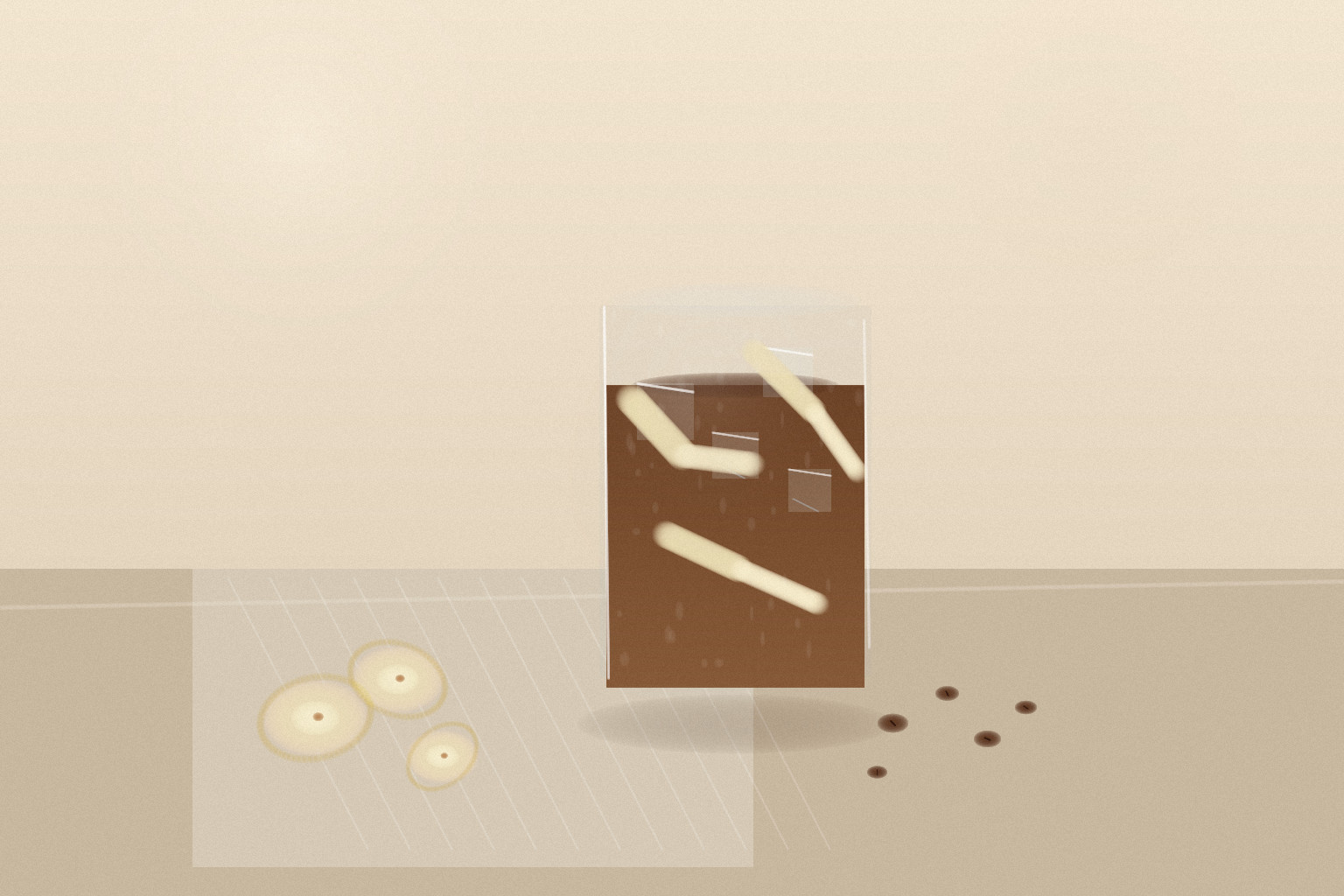 A chilled glass of banana-milk iced coffee on a stone table with sliced banana, coffee beans, and soft morning light.