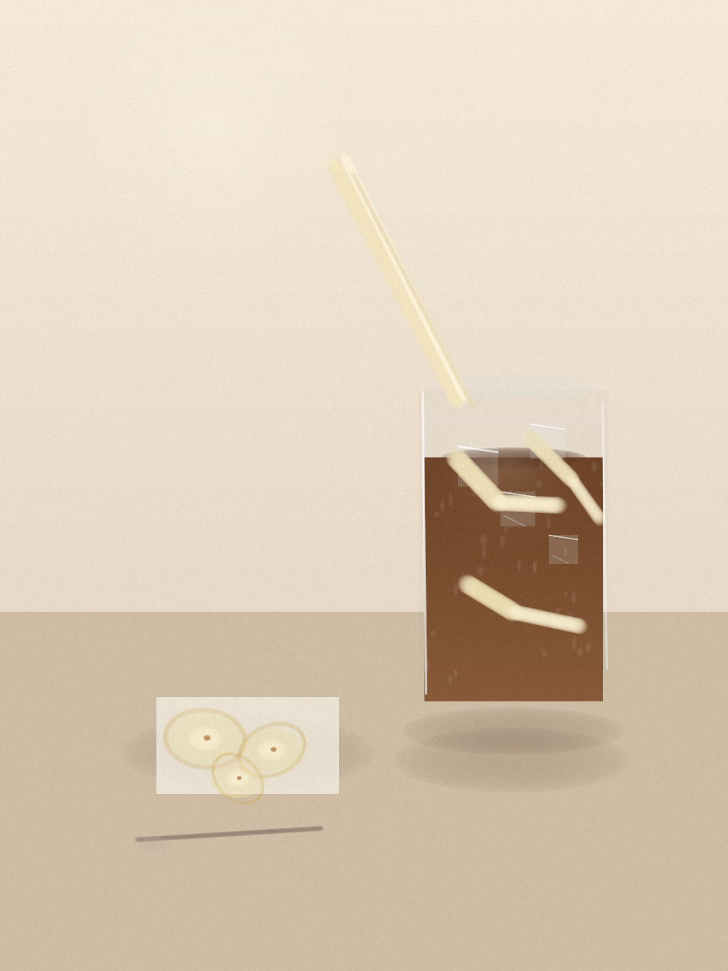 A close still life of banana milk being poured into iced coffee beside a small plate of banana slices and a spoon.