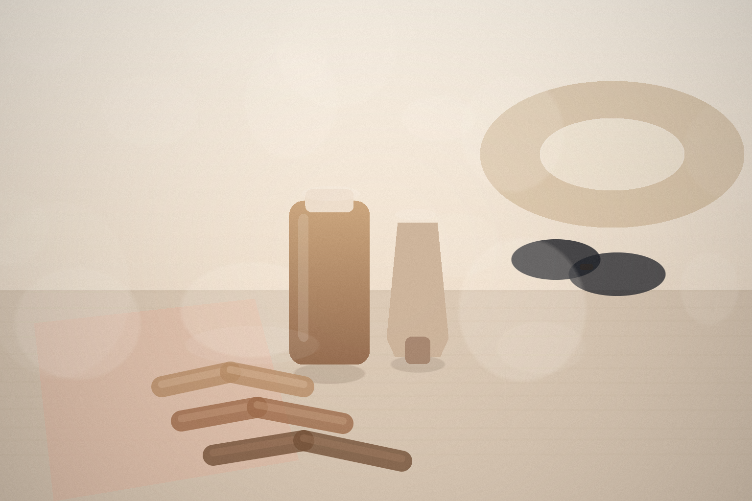 A warm editorial still life with a tinted sunscreen bottle, a pale sunscreen tube, three tan sunscreen swatches on stone, a soft peach cloth, dark sunglasses, and a straw hat in hazy summer light.