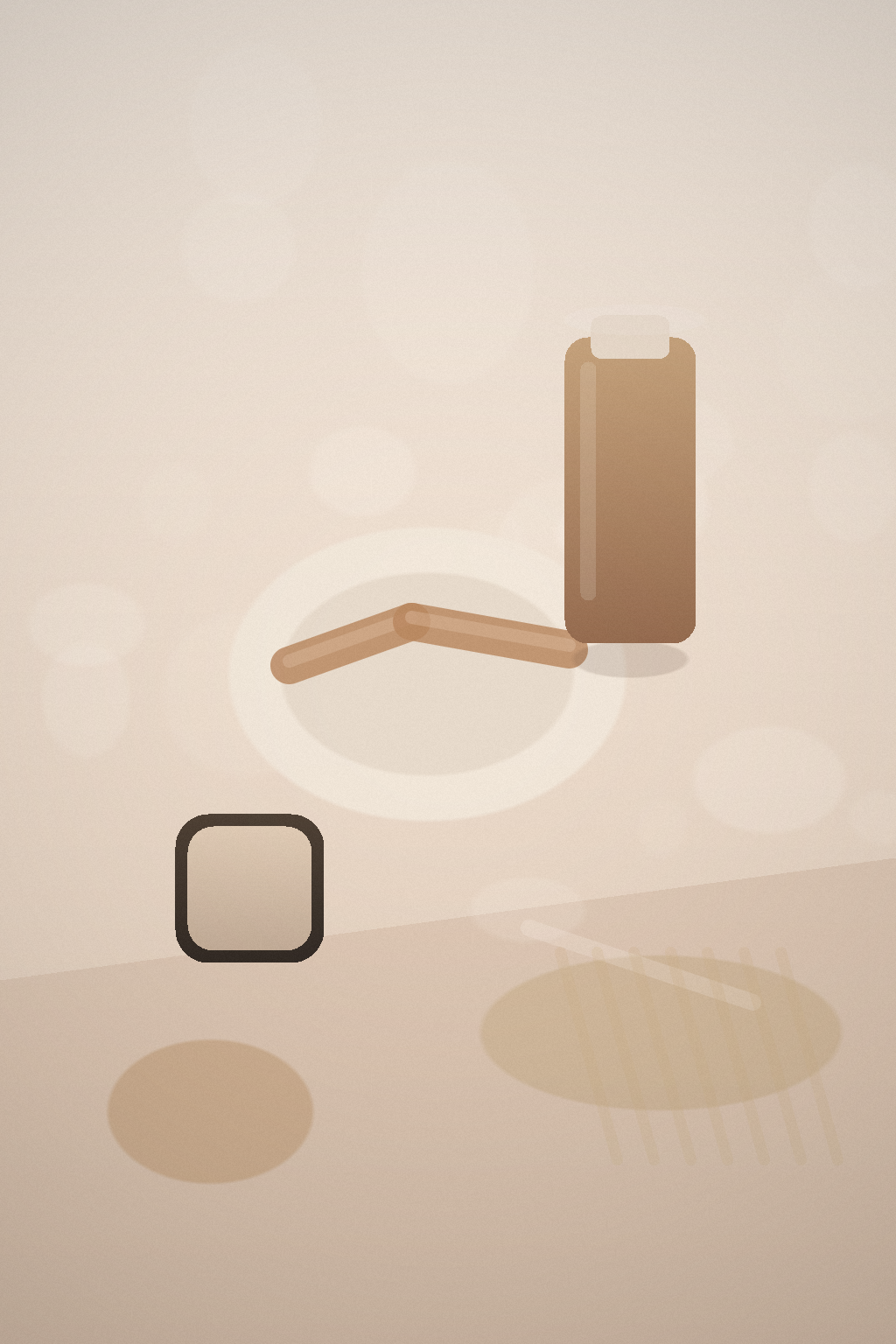 A vertical beauty still life with a tinted sunscreen bottle beside a curved swatch, a pale ceramic dish, a compact, and a striped straw shadow on a blush-toned surface.