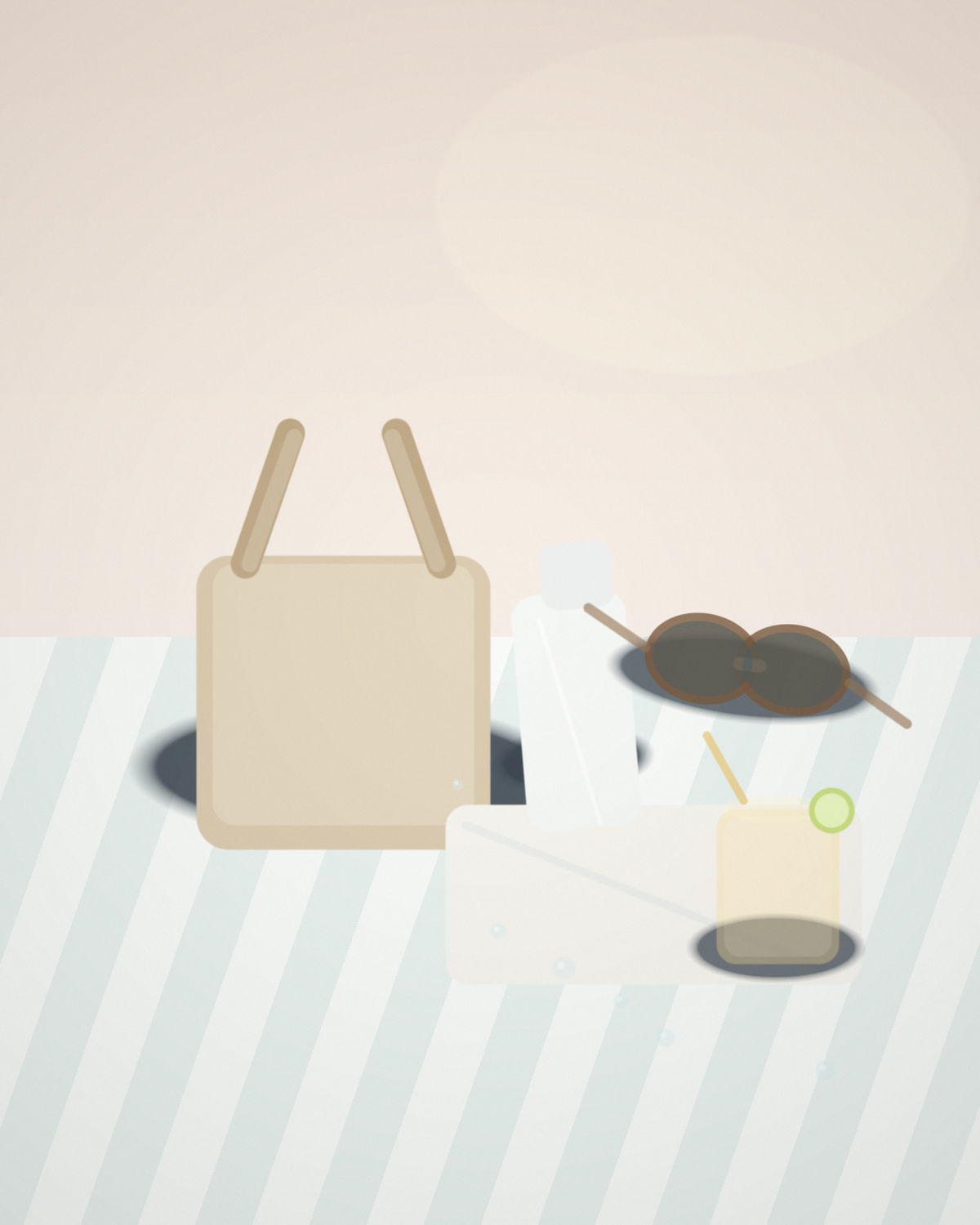 A beach tote with a pale sunscreen bottle, sunglasses, a folded towel, and a cold citrus drink on a striped chair in late-afternoon light.