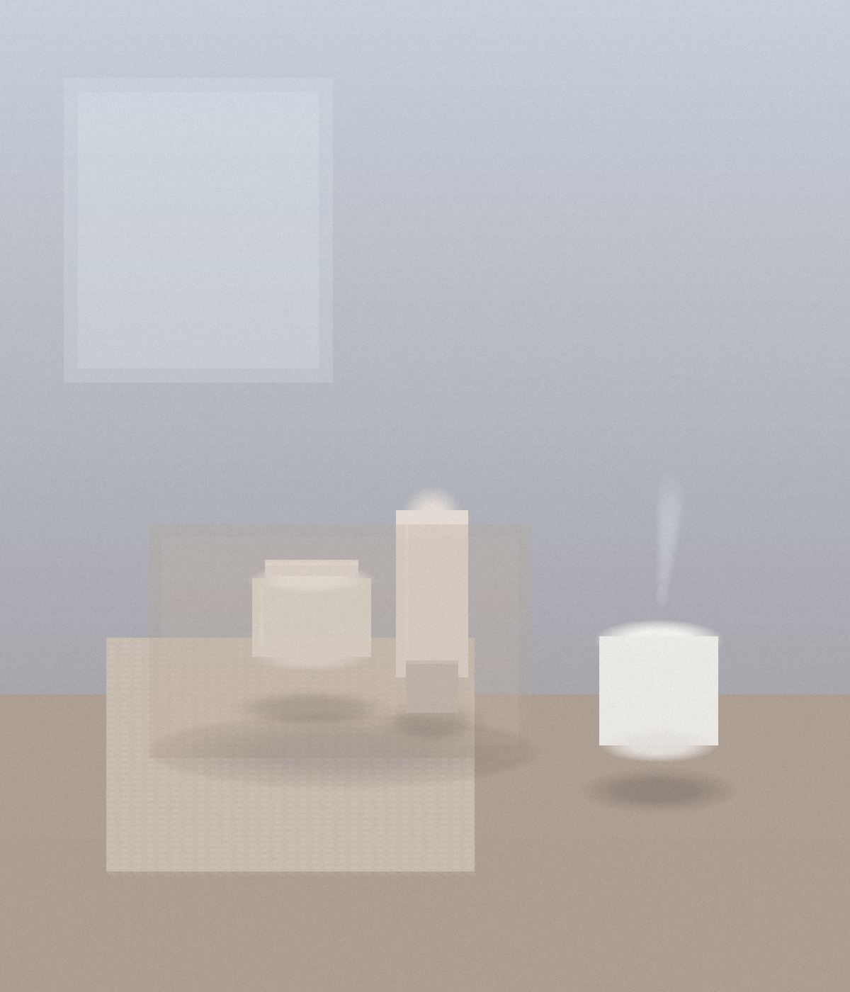 Bedside tray with a moisturizer jar, retinoid tube, small humidifier, and knit cloth beside a cool window.