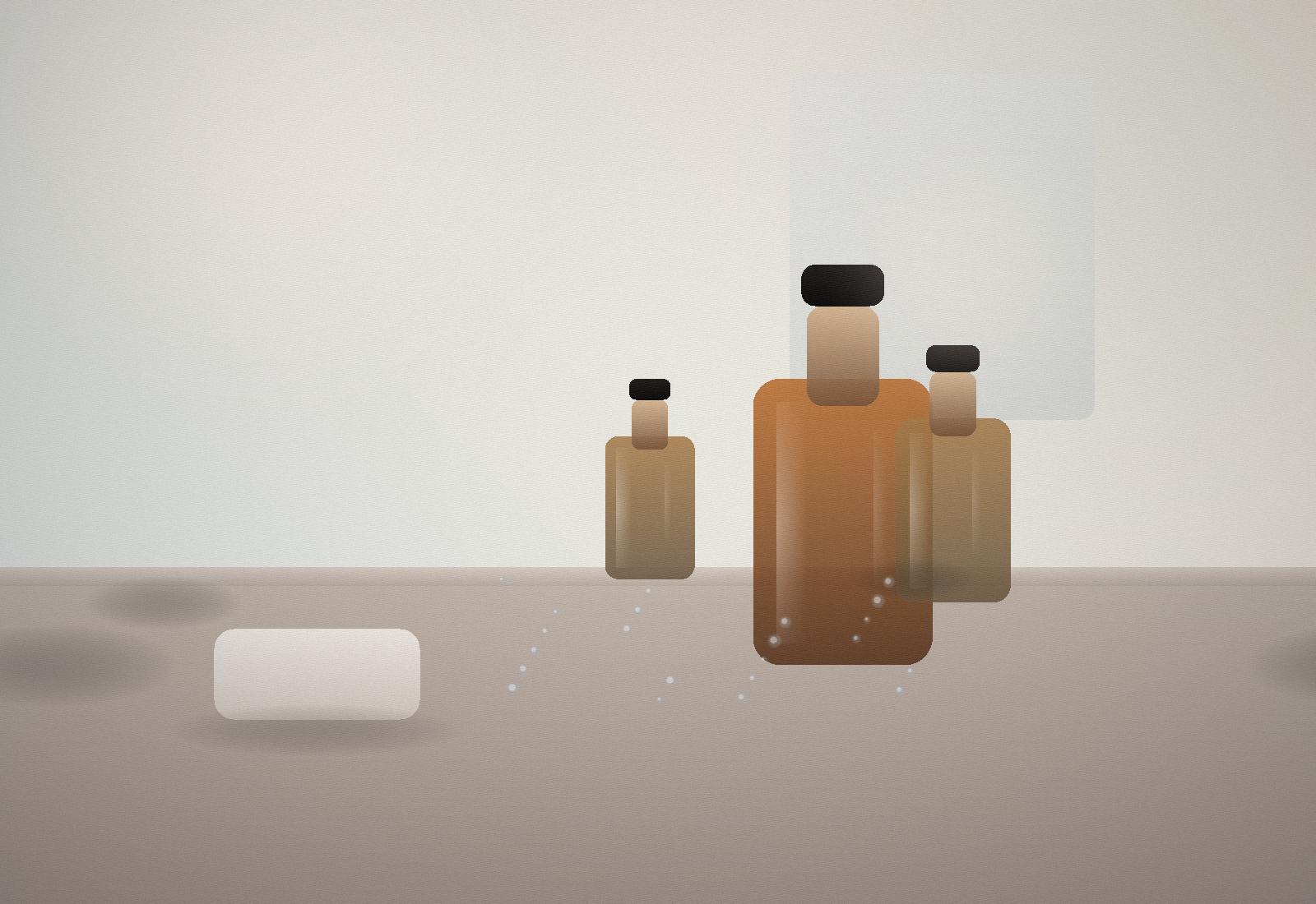 Three amber serum bottles sit on a pale stone vanity beside a folded cream cloth, with soft window light and scattered droplets.