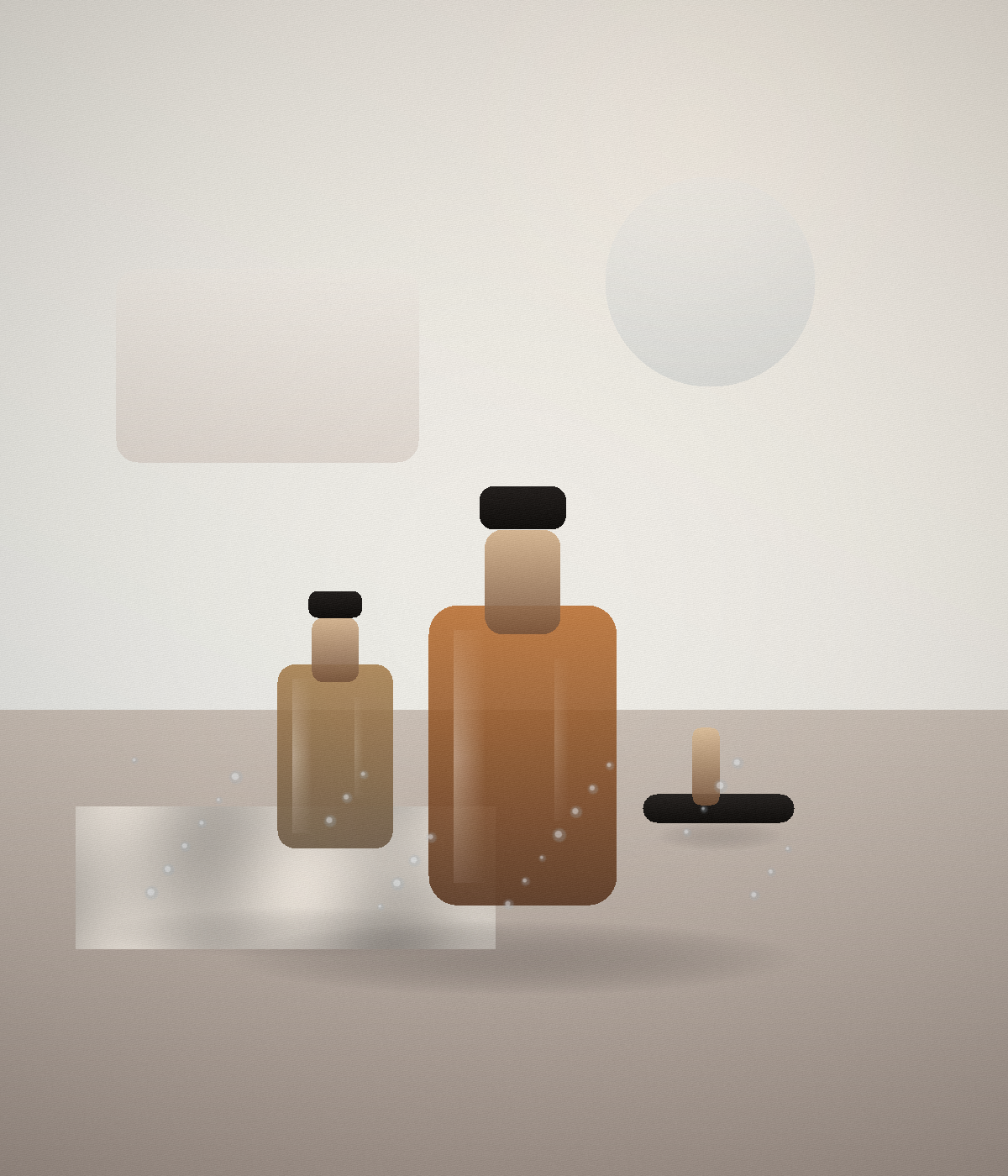 Two amber serum bottles and a loose dropper sit on a neutral vanity with soft reflections, droplets, and a folded cloth.