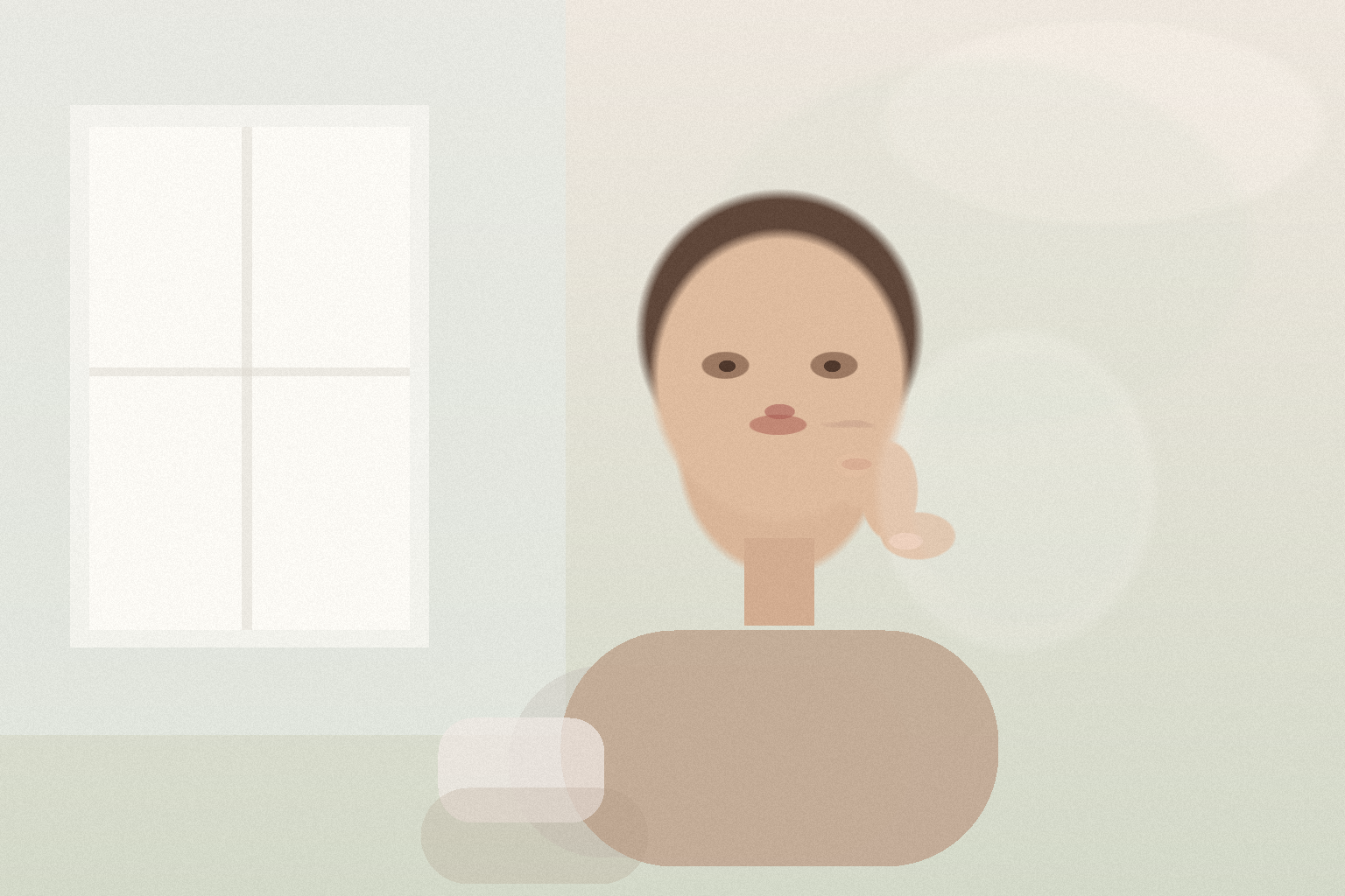 Soft-focus image of a woman in a robe applying tinted sunscreen near a bright bathroom window.