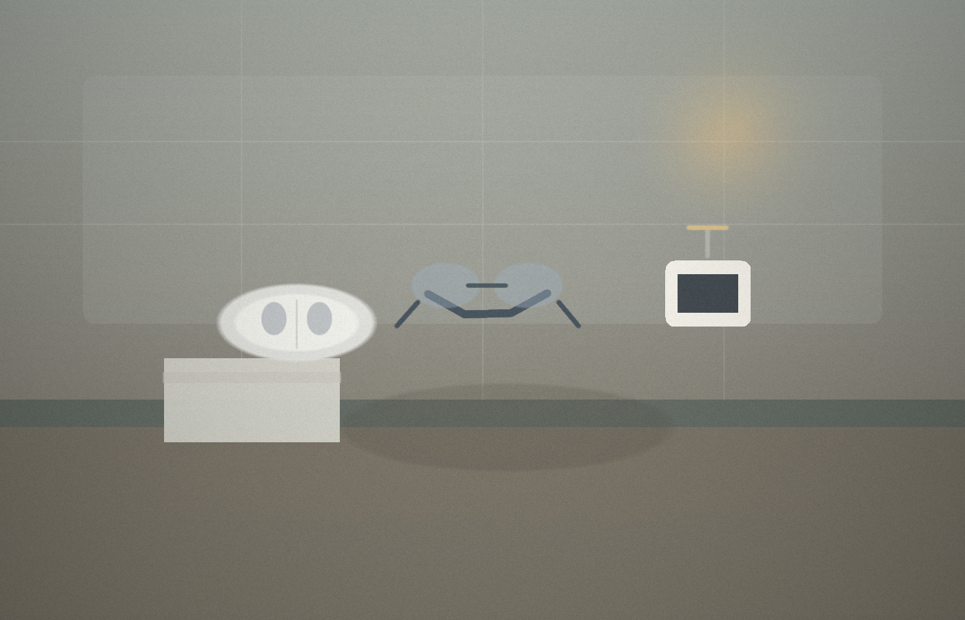 Protective goggles sit beside a white LED face mask, a folded towel, and a small timer on a bathroom shelf.