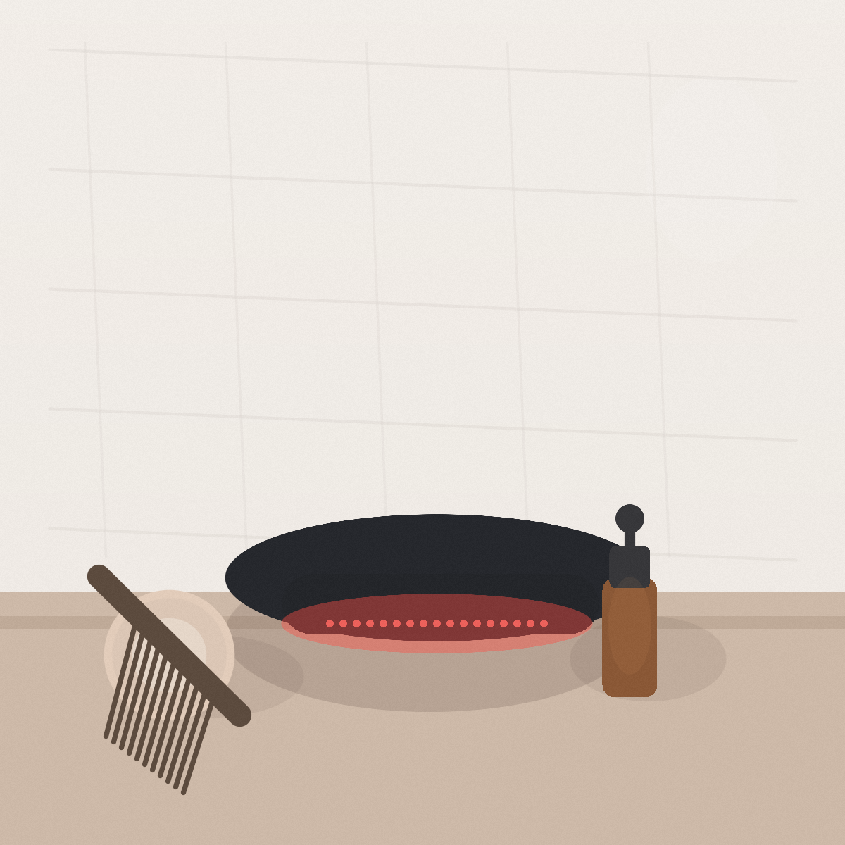 An unbranded red-light therapy cap sits on a marble vanity beside a wide-tooth comb, a silk scrunchie, and a glass dropper bottle.