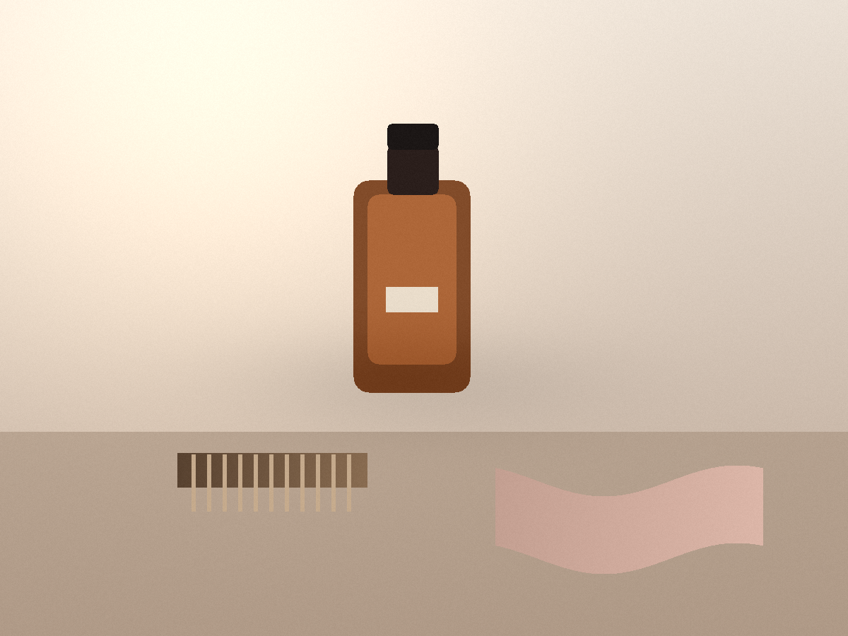 A stylized still life of an amber hair perfume bottle, a wide-tooth comb, and a silk ribbon on a vanity.