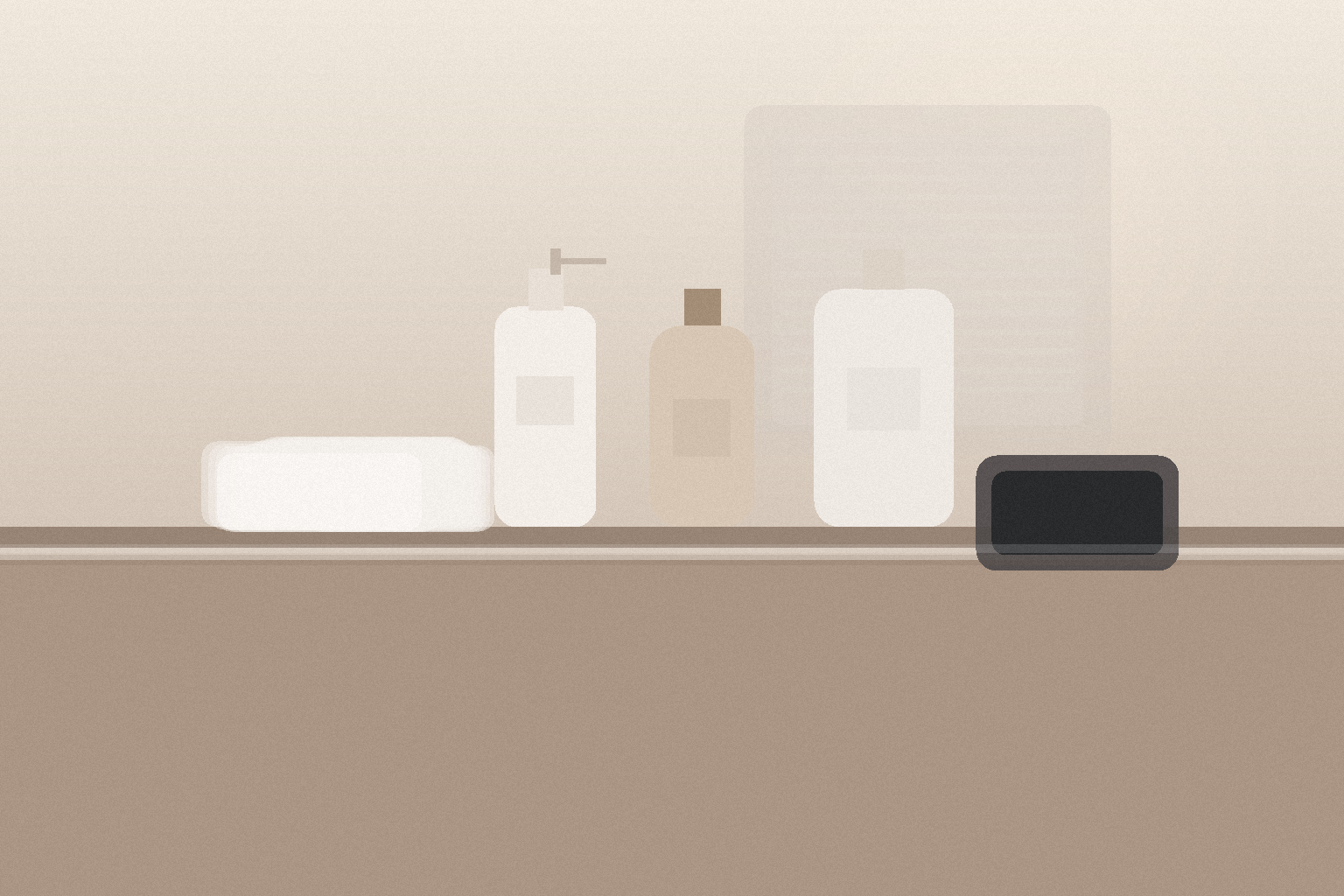 Unbranded skincare bottles, a folded white washcloth, and a phone resting on a bathroom shelf in soft evening light.