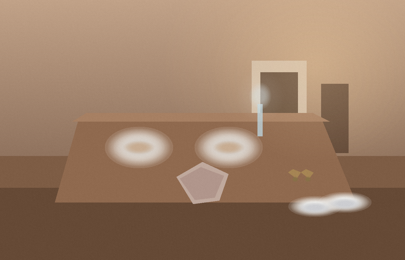 A small apartment dining table with dinner plates, a glass of water, a folded cardigan, house keys, and white sneakers waiting by the door in warm lamplight.