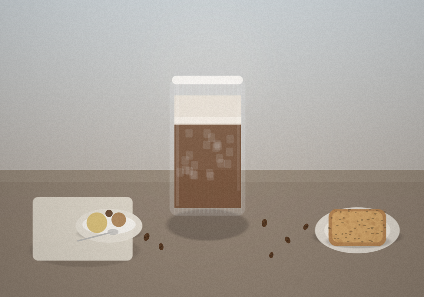 Wide still life of a frothy iced coffee in a clear glass on a stone-toned table, with toast, a small bowl, and scattered coffee beans.