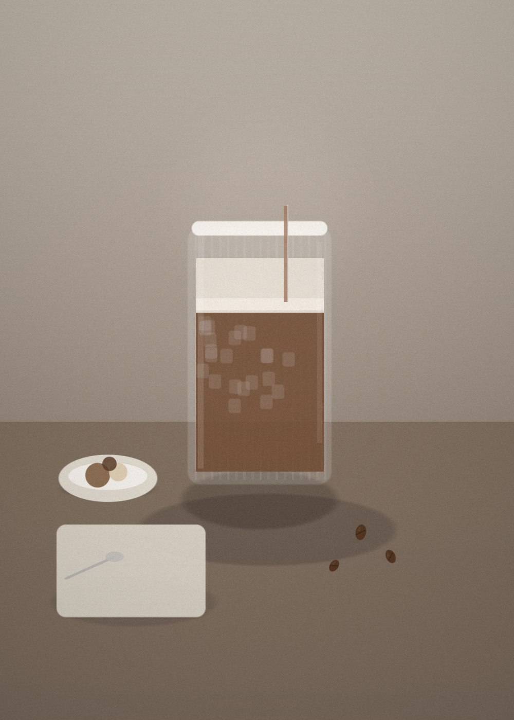 Tall glass of iced coffee with thick foam and a straw, beside a small plate, folded napkin, spoon, and coffee beans.