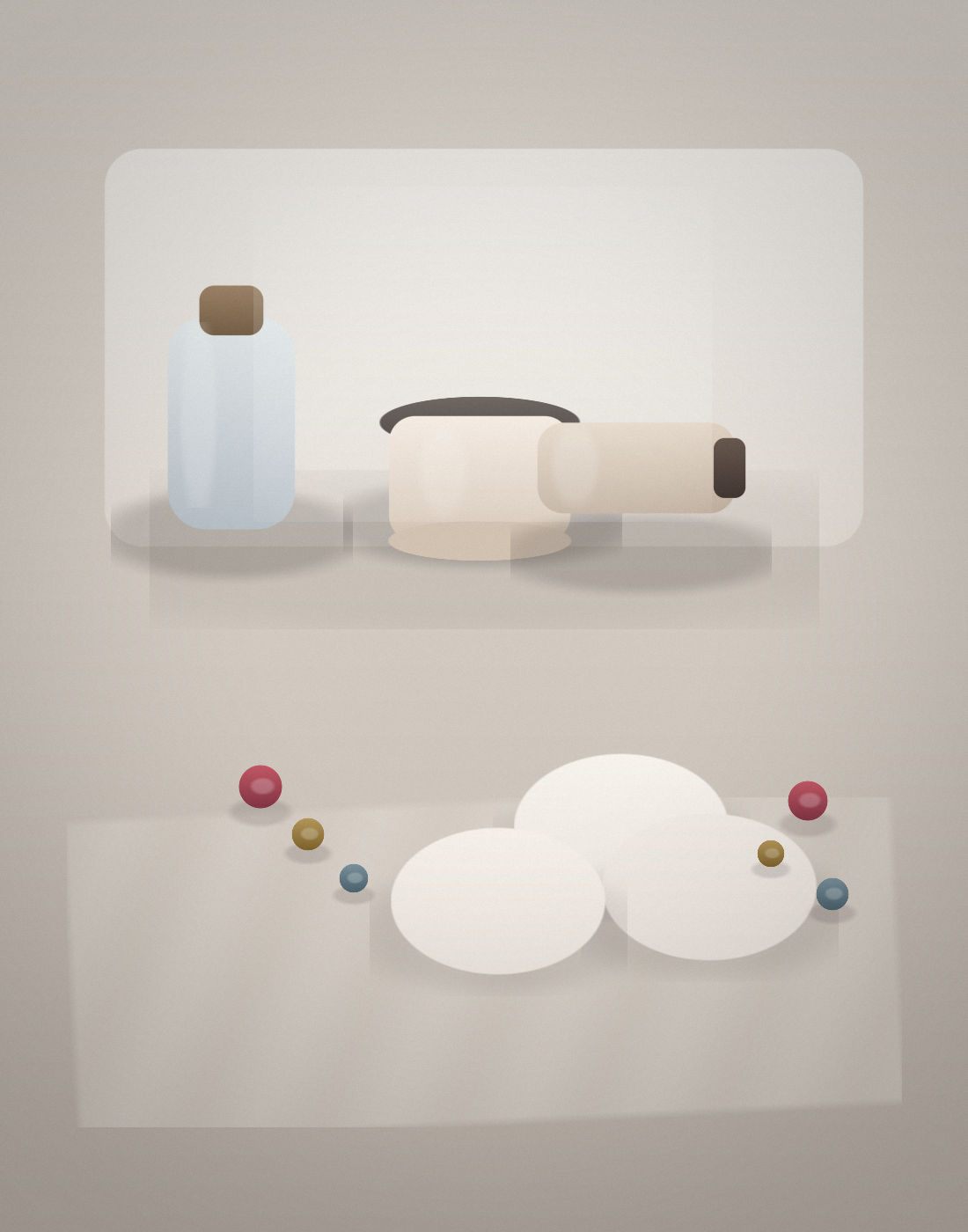 A pale bathroom-shelf still life with a cleanser bottle, a cream jar, a remover tube, cotton rounds, and a few loose costume gems.
