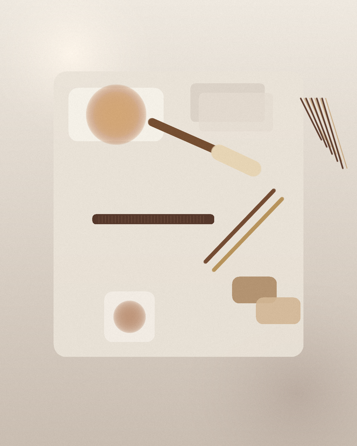 A top-down still life of a colorist's setup with a tint brush, ceramic bowl of caramel-toned color, tail comb, foils, and clips on a pale work surface.